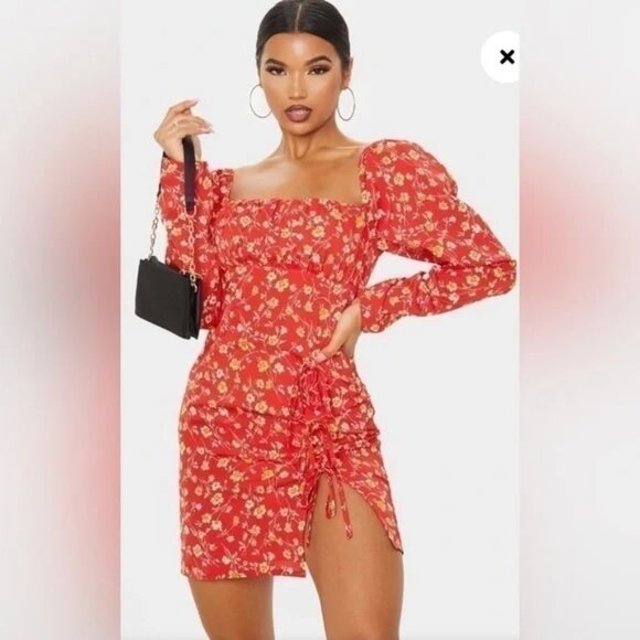 PrettyLittleThing | Red Floral Dress - Picture 1 of 9